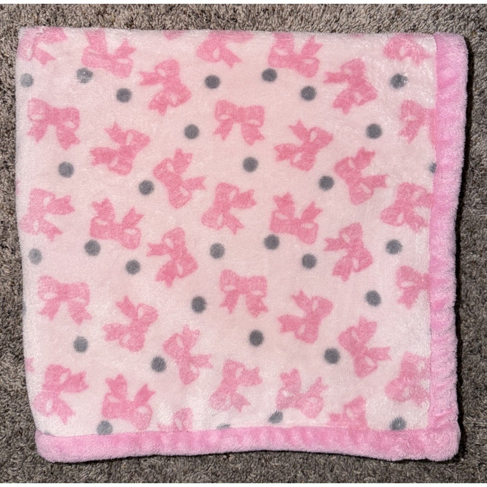 Absorba Pink Bow Gray Dot Baby Girl Blanket Lovey 28x28 Fleece Soft